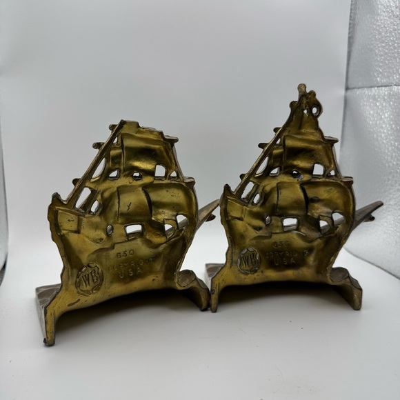 Vintage Weidlich Brothers WB Bronze Cast Iron Bookends Pair Galleons Ships Boats - Picture 9 of 13